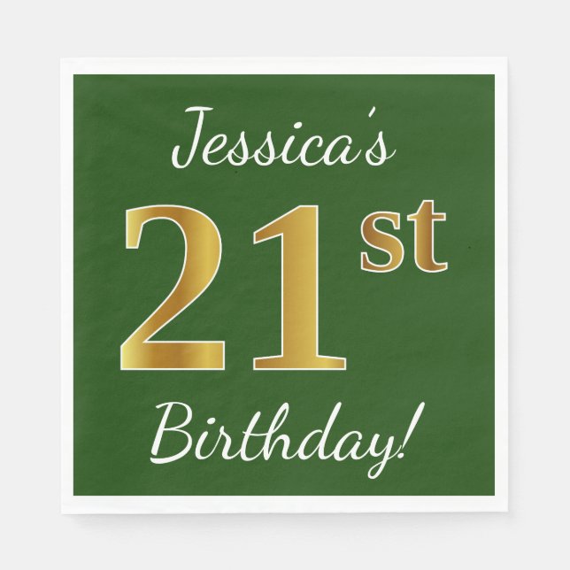 Green, Faux Gold 21st Birthday + Custom Name Napkin (Front)