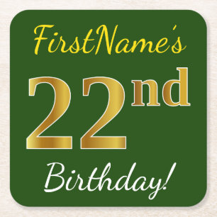 Green, Faux Gold 22nd Birthday + Custom Name Square Paper Coaster