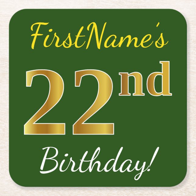 Green, Faux Gold 22nd Birthday + Custom Name Square Paper Coaster (Front)