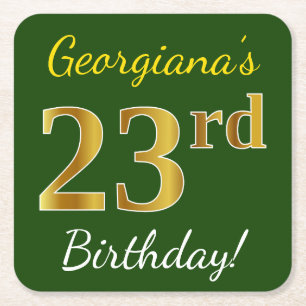 Green, Faux Gold 23rd Birthday + Custom Name Square Paper Coaster