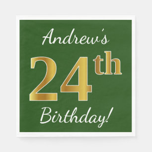 Green, Faux Gold 24th Birthday + Custom Name Napkin