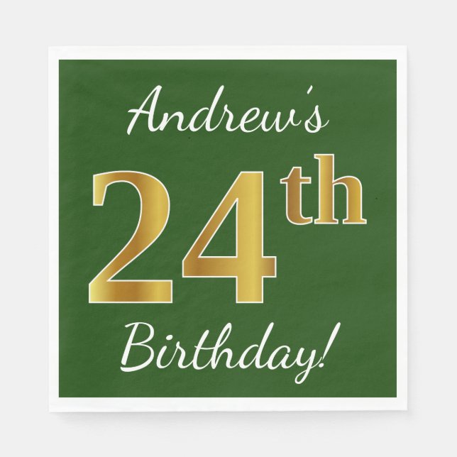 Green, Faux Gold 24th Birthday + Custom Name Napkin (Front)