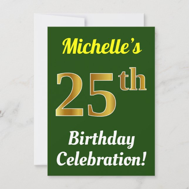 Green, Faux Gold 25th Birthday Celebration + Name Invitation (Front)