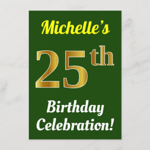 Green, Faux Gold 25th Birthday Celebration + Name Invitation