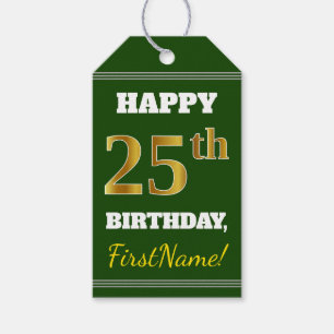 Green, Faux Gold 25th Birthday + Custom Name Gift Tags