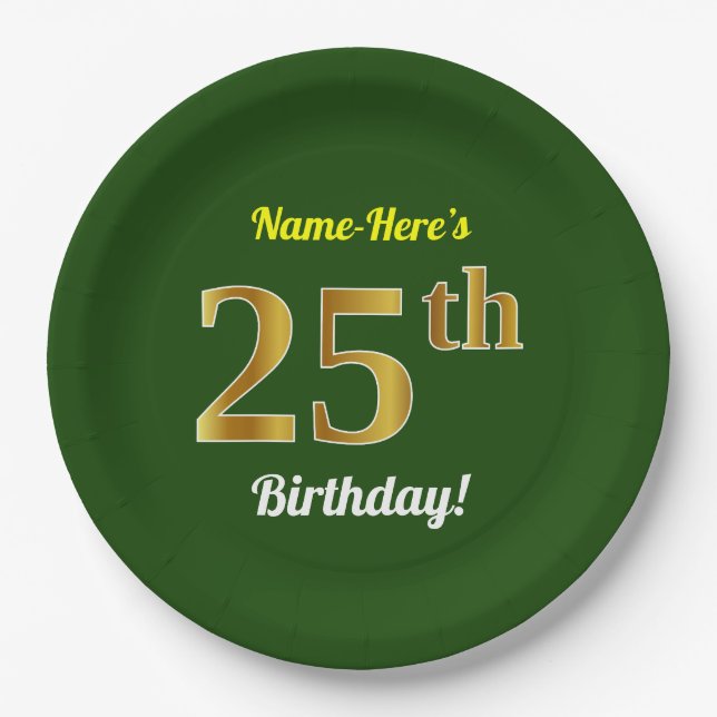 Green, Faux Gold 25th Birthday + Custom Name Paper Plate (Front)