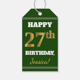 Green, Faux Gold 27th Birthday + Custom Name Gift Tags