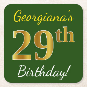 Green, Faux Gold 29th Birthday + Custom Name Square Paper Coaster