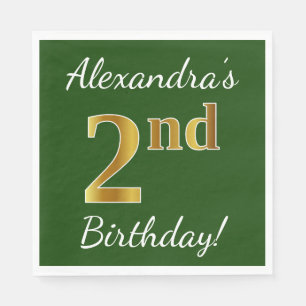 Green, Faux Gold 2nd Birthday + Custom Name Napkin