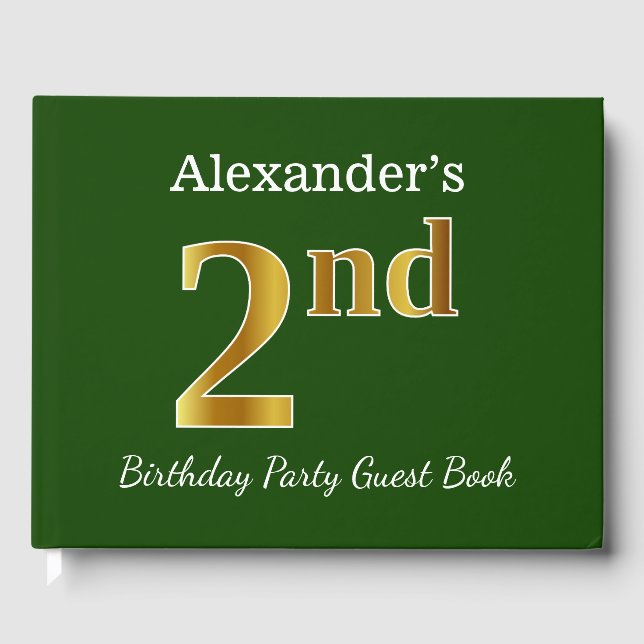Green, Faux Gold 2nd Birthday Party + Custom Name Guest Book (Front)
