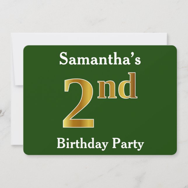 Green, Faux Gold 2nd Birthday Party + Custom Name Invitation (Front)