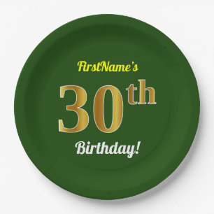 Green, Faux Gold 30th Birthday + Custom Name Paper Plate