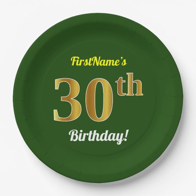 Green, Faux Gold 30th Birthday + Custom Name Paper Plate (Front)