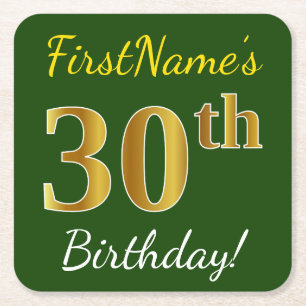 Green, Faux Gold 30th Birthday + Custom Name Square Paper Coaster