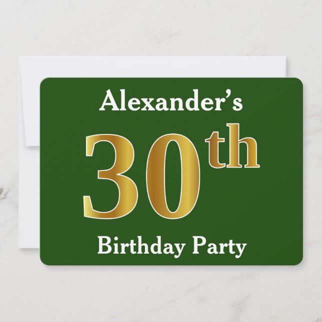 Green, Faux Gold 30th Birthday Party + Custom Name Invitation (Front)