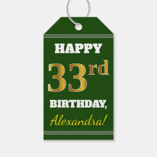 Green, Faux Gold 33rd Birthday + Custom Name Gift Tags