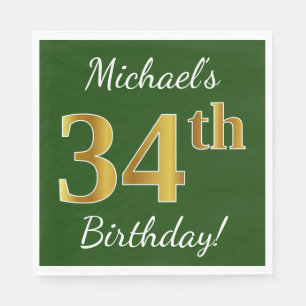 Green, Faux Gold 34th Birthday + Custom Name Napkin