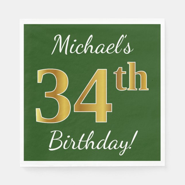 Green, Faux Gold 34th Birthday + Custom Name Napkin (Front)