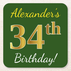 Green, Faux Gold 34th Birthday + Custom Name Square Paper Coaster