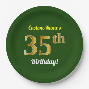 Green, Faux Gold 35th Birthday + Custom Name Paper Plate