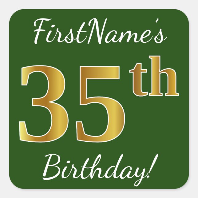 Green, Faux Gold 35th Birthday + Custom Name Square Sticker (Front)
