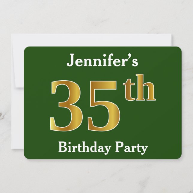 Green, Faux Gold 35th Birthday Party + Custom Name Invitation (Front)