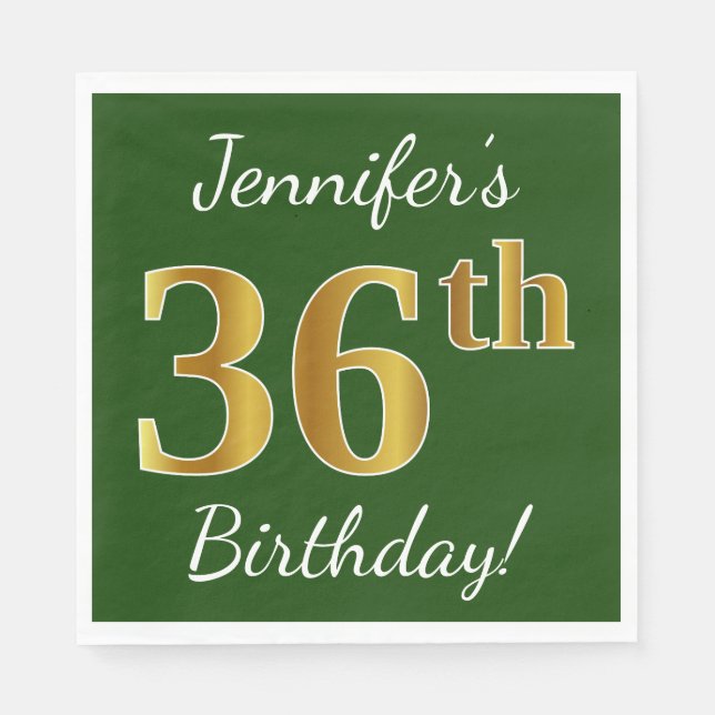 Green, Faux Gold 36th Birthday + Custom Name Napkin (Front)