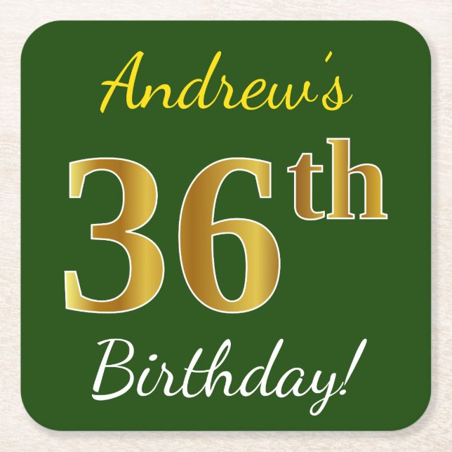 Green, Faux Gold 36th Birthday + Custom Name Square Paper Coaster (Front)