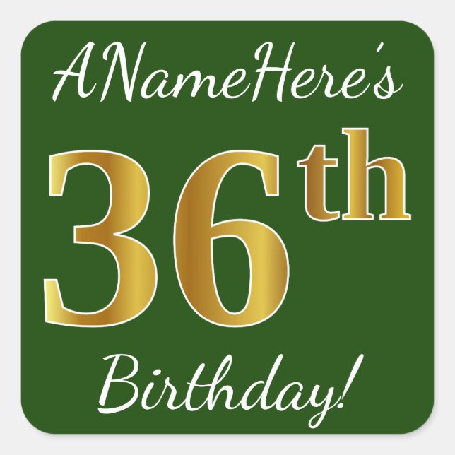 Green, Faux Gold 36th Birthday + Custom Name Square Sticker (Front)