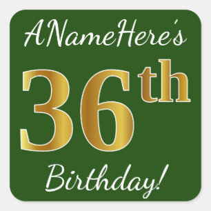 Green, Faux Gold 36th Birthday + Custom Name Square Sticker