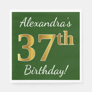 Green, Faux Gold 37th Birthday + Custom Name Napkin
