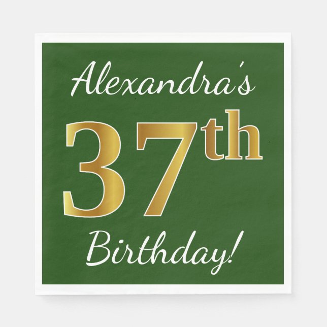 Green, Faux Gold 37th Birthday + Custom Name Napkin (Front)