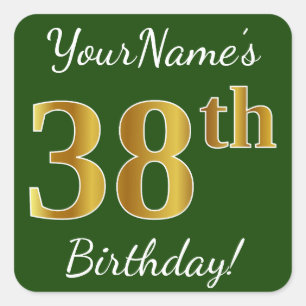 Green, Faux Gold 38th Birthday + Custom Name Square Sticker
