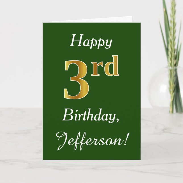 Green, Faux Gold 3rd Birthday + Custom Name Card (Front)