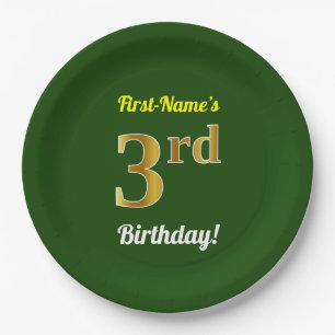 Green, Faux Gold 3rd Birthday + Custom Name Paper Plate