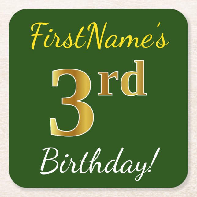 Green, Faux Gold 3rd Birthday + Custom Name Square Paper Coaster (Front)