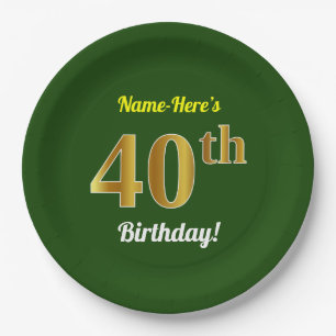 Green, Faux Gold 40th Birthday + Custom Name Paper Plate