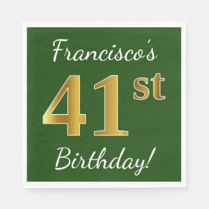 Green, Faux Gold 41st Birthday + Custom Name Napkin