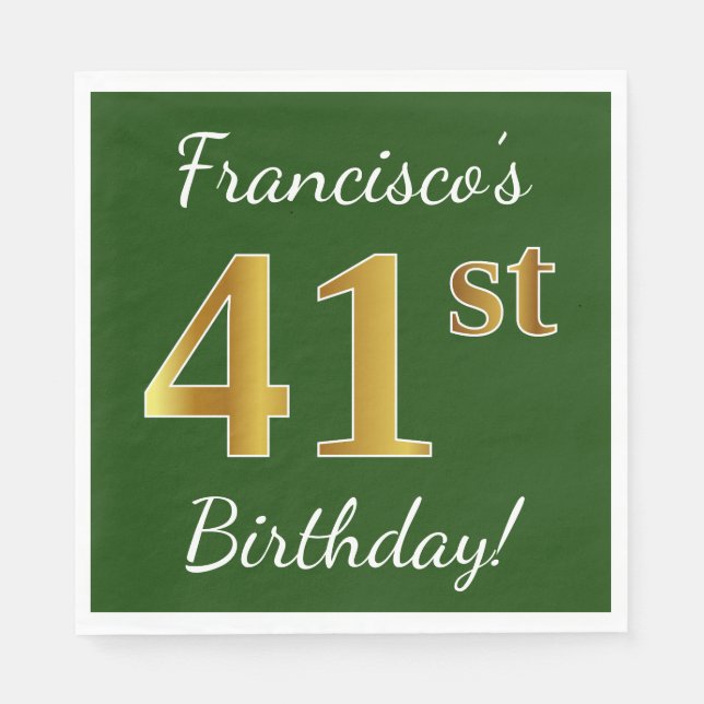 Green, Faux Gold 41st Birthday + Custom Name Napkin (Front)