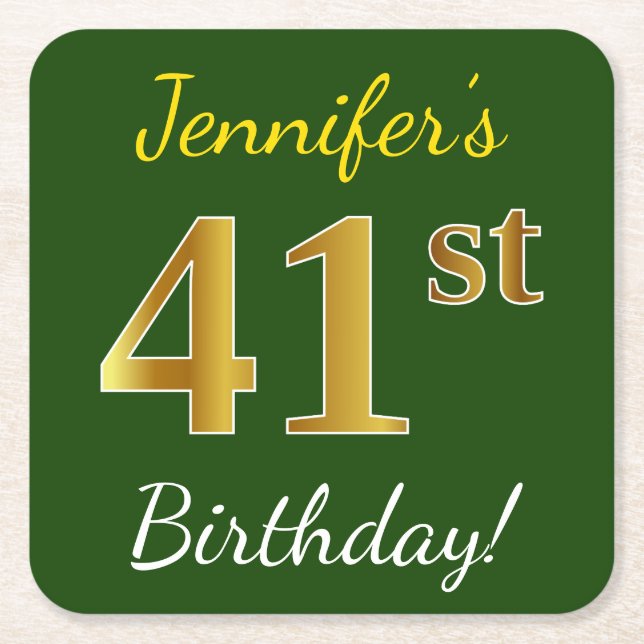 Green, Faux Gold 41st Birthday + Custom Name Square Paper Coaster (Front)