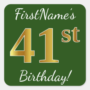 Green, Faux Gold 41st Birthday + Custom Name Square Sticker