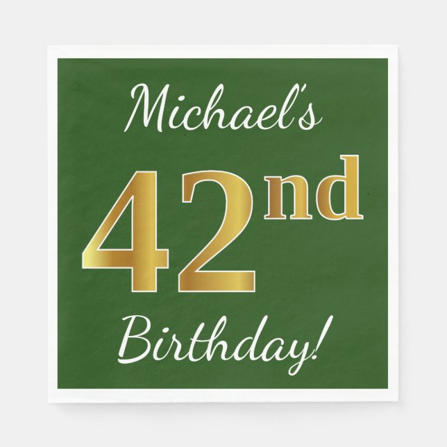 Green, Faux Gold 42nd Birthday + Custom Name Napkin (Front)
