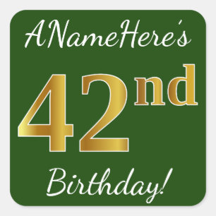 Green, Faux Gold 42nd Birthday + Custom Name Square Sticker