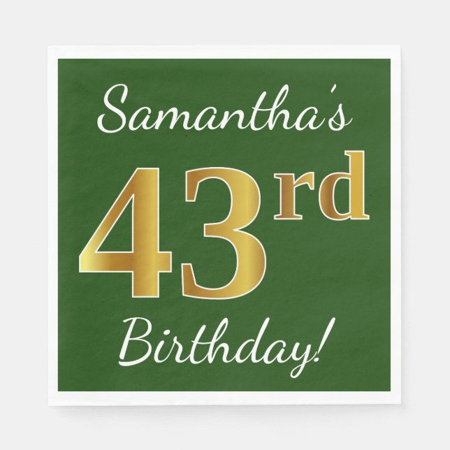 Green, Faux Gold 43rd Birthday + Custom Name Napkin (Front)