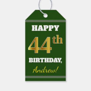 Green, Faux Gold 44th Birthday + Custom Name Gift Tags