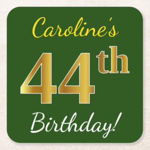 Green, Faux Gold 44th Birthday + Custom Name Square Paper Coaster