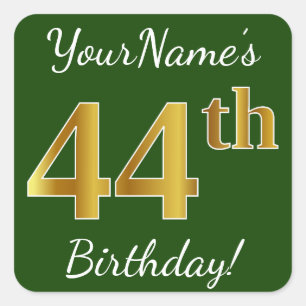 Green, Faux Gold 44th Birthday + Custom Name Square Sticker