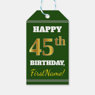 Green, Faux Gold 45th Birthday + Custom Name Gift Tags