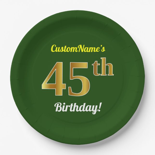 Green, Faux Gold 45th Birthday + Custom Name Paper Plate (Front)