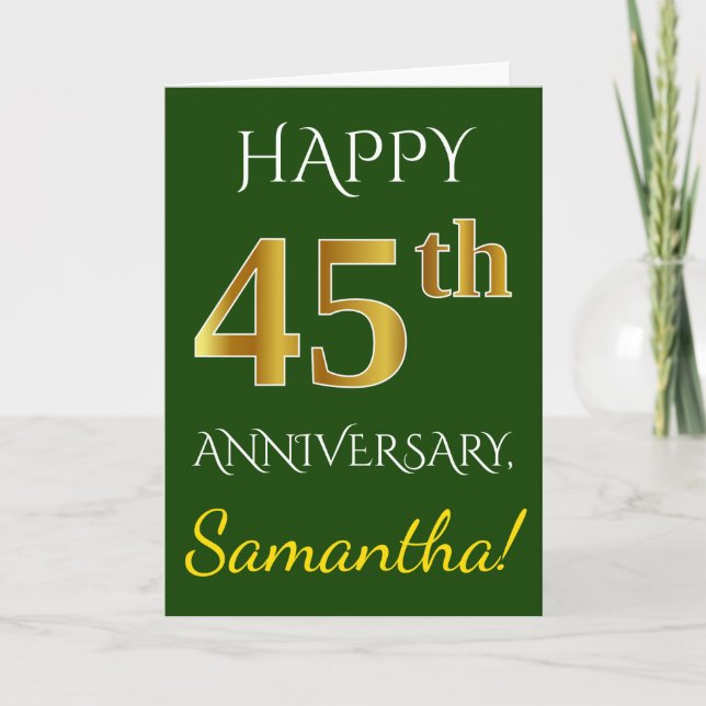 Green, Faux Gold 45th Wedding Anniversary + Name Card (Front)